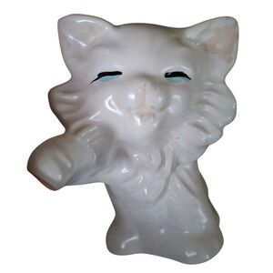 Vintage American Bisque Playful White Kitten Figurine Smiley Happy Mischievous